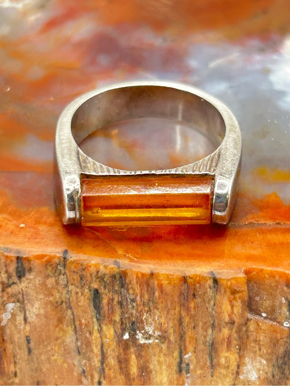 Vintage Sterling Silver Amber Ring - Size 9